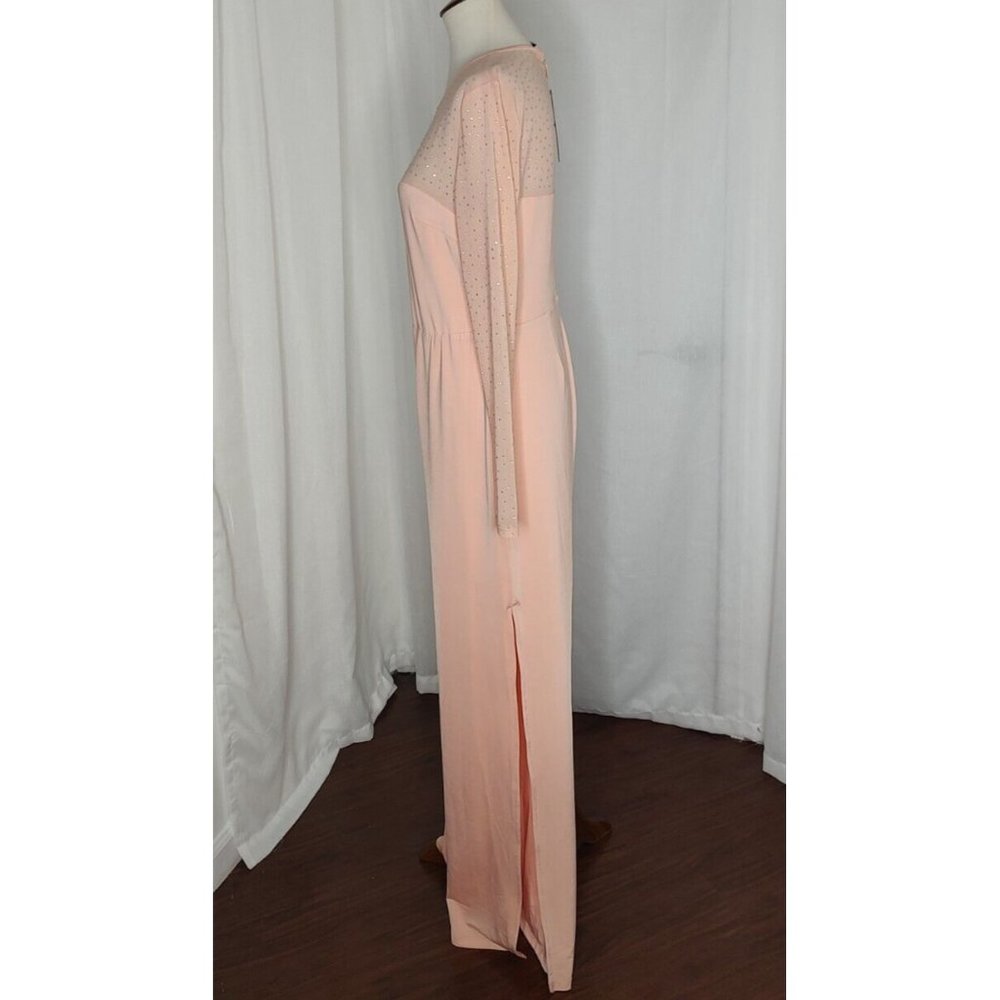 BEBE Jumpsuit L Peach Parfait Embellished Illusion Wide Leg Cocktail Stretch - Picture 10 of 12